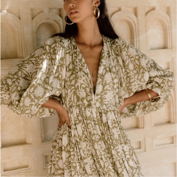 Daughters of India Kira Midi Dress 100% Cotton Boho Green Olive Floral Print  XL - Picture 3 of 13